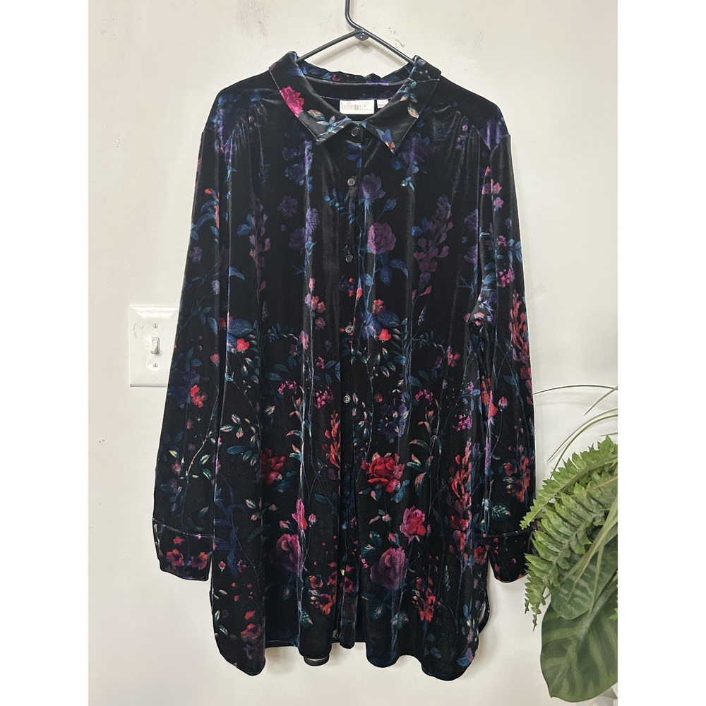 Belle by Kim Gravel Top Womens Velvet Dark Floral Tunic Shirt‎ Blue Pockets 3X